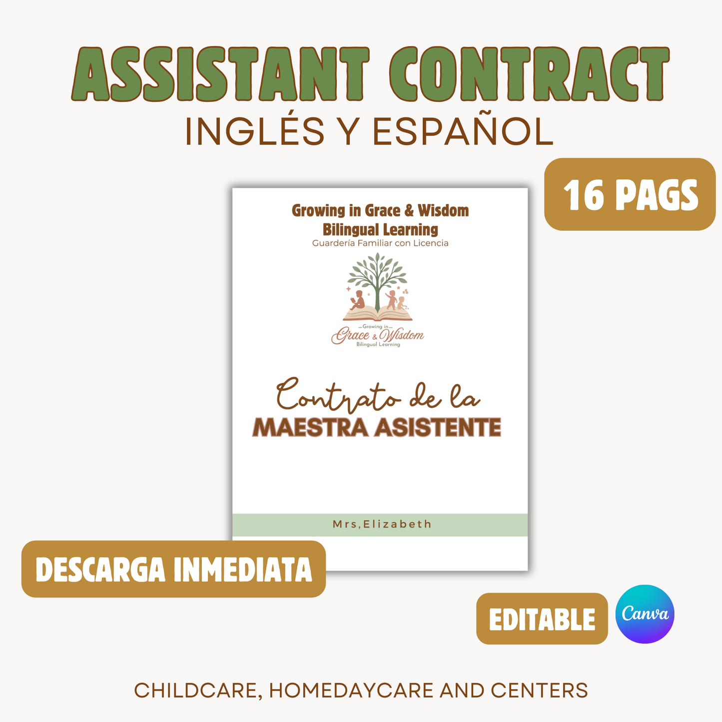 Contrato de la Maestra Asistente (Inglés & Español) Pdf & Editable. Descarga inmediata. 16 págs.