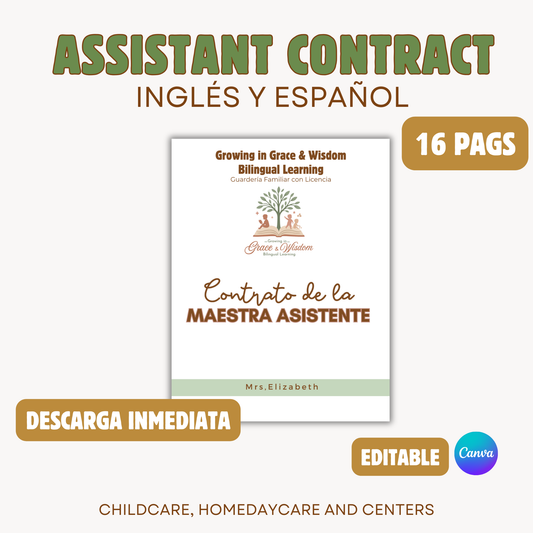 Contrato de la Maestra Asistente (Inglés & Español) Pdf & Editable. Descarga inmediata. 16 págs.