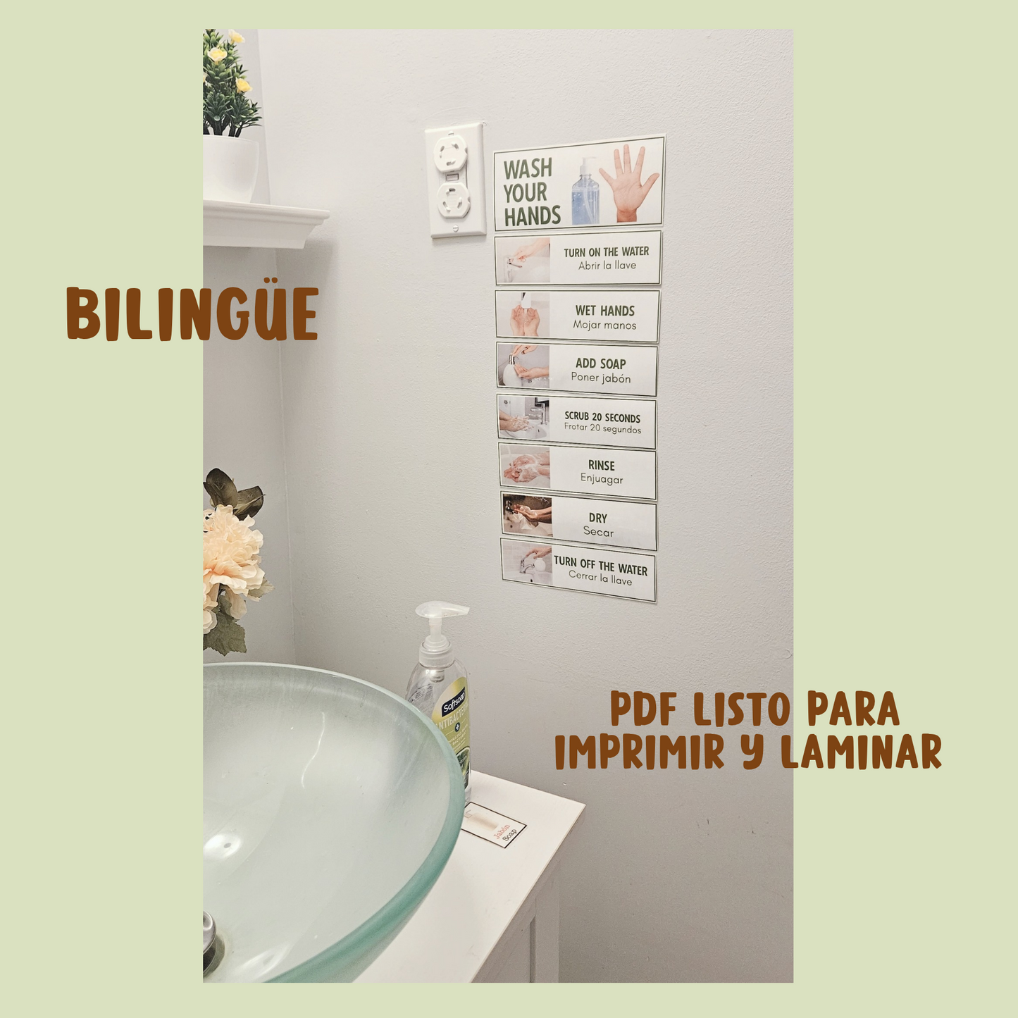 Visual Wash Your Hands Bilingüe descarga inmediata PDF Listo para imprimir y laminar