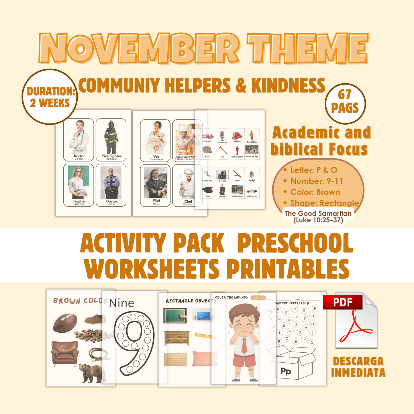 Community helpers & Kindness (2 weeks) November Theme worksheets. Pdf, descarga inmediata.