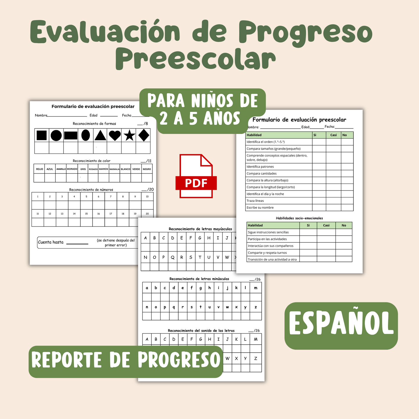Evaluación del progreso preescolar/20 págs/ Español/ PDF imprimible/