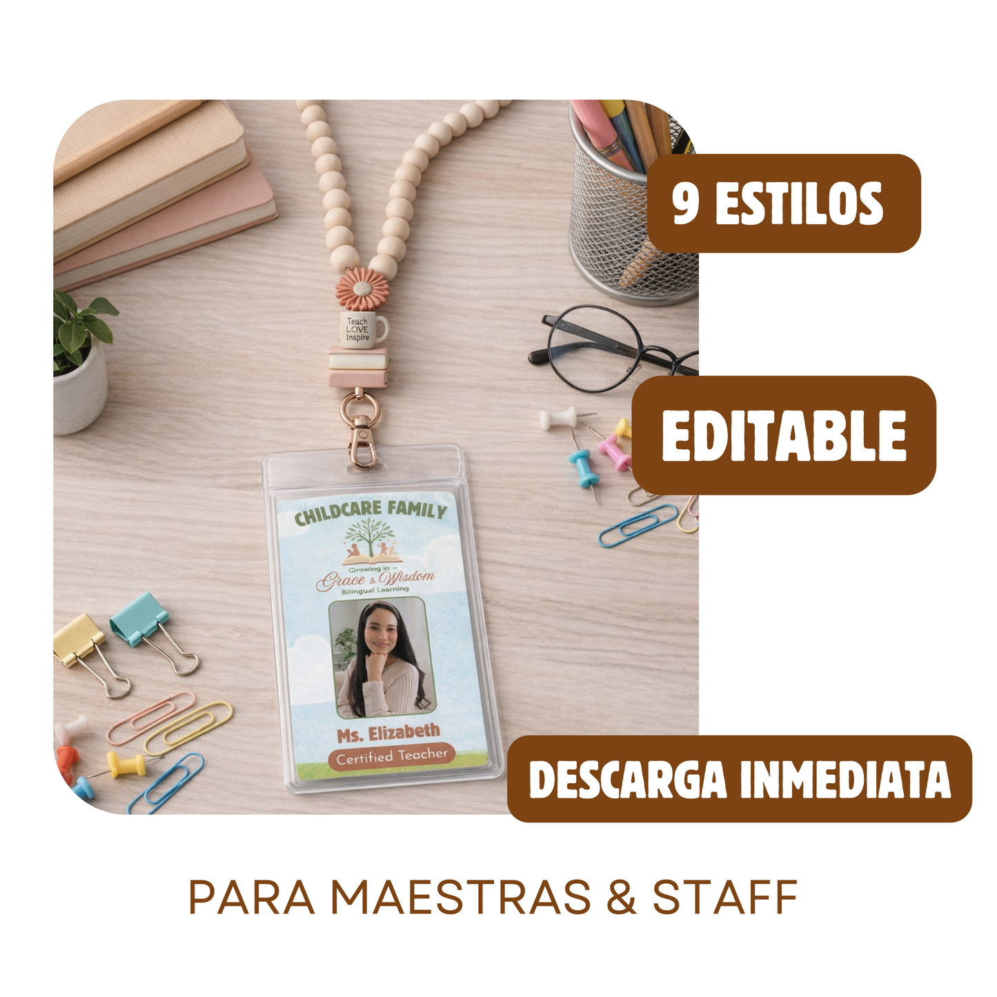 Plantilla Editable de carnet de identification para Maestras y staff. 9 estilos. Descarga inmediata