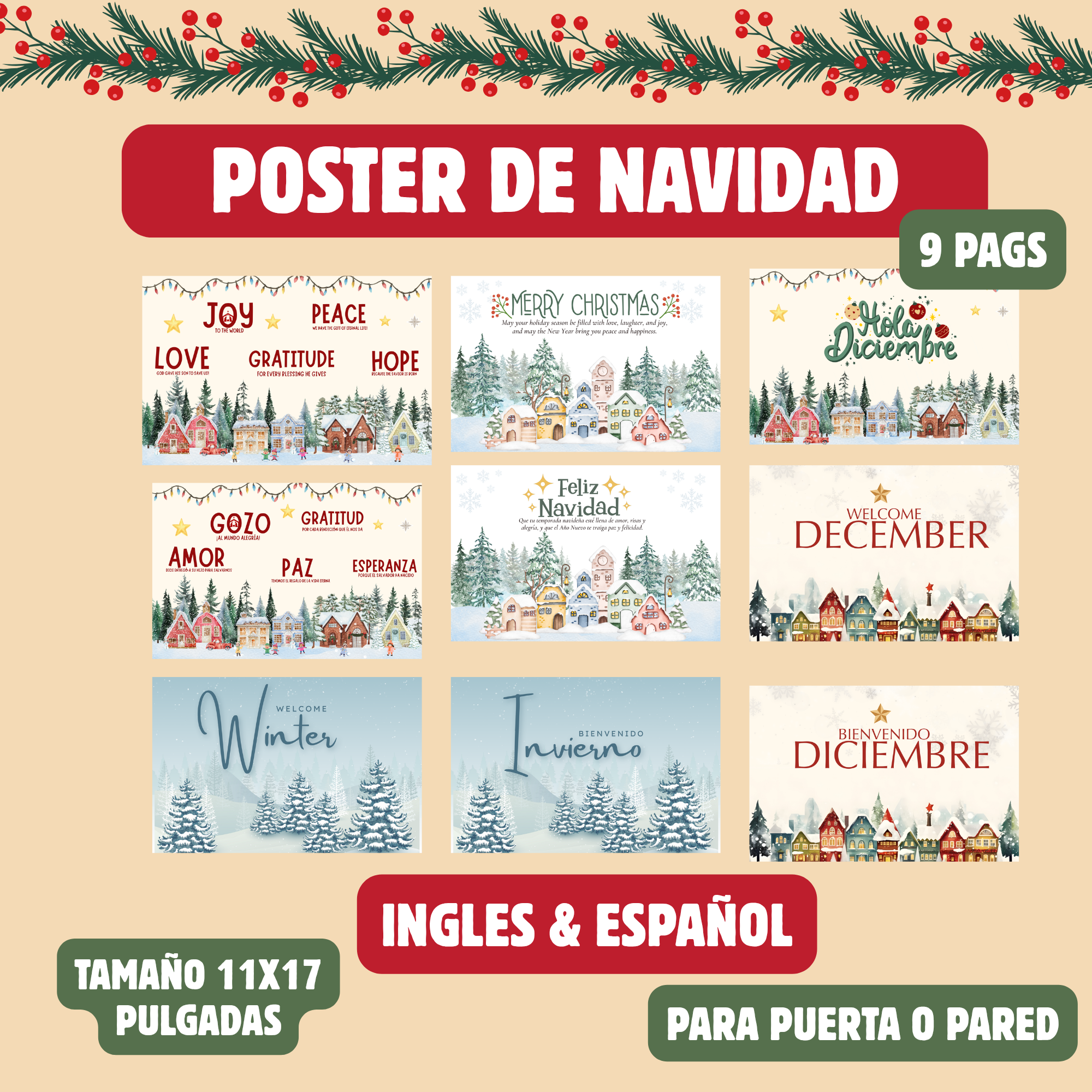 Posters-Carteles de Navidad/Diciembre/Winter para puerta o pared (tama ...