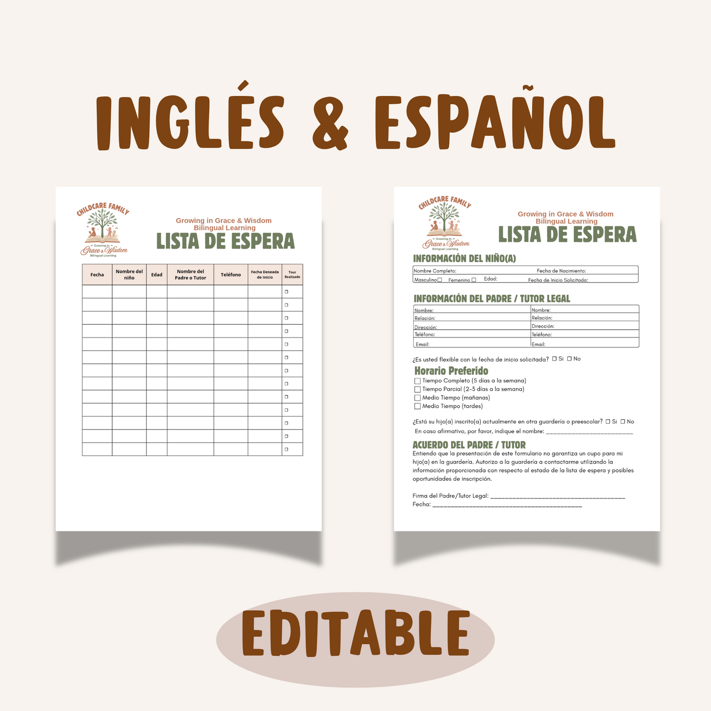 Childcare Wait List Form- Bilingüe- Editable-Descarga Inmediata