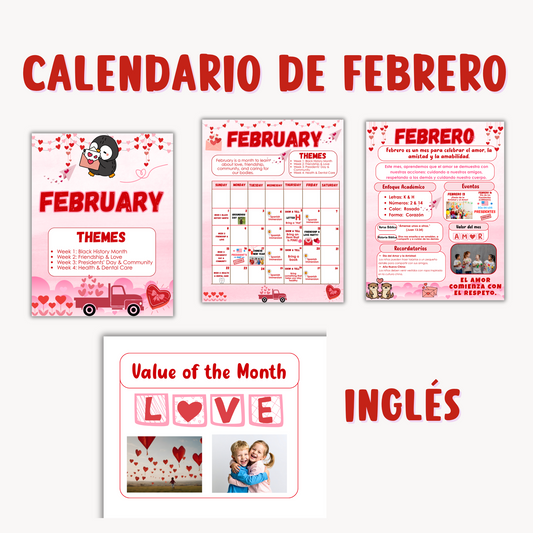 Calendario de Febrero(Inglés y Español) Editable en Canva.  Descarga inmediata