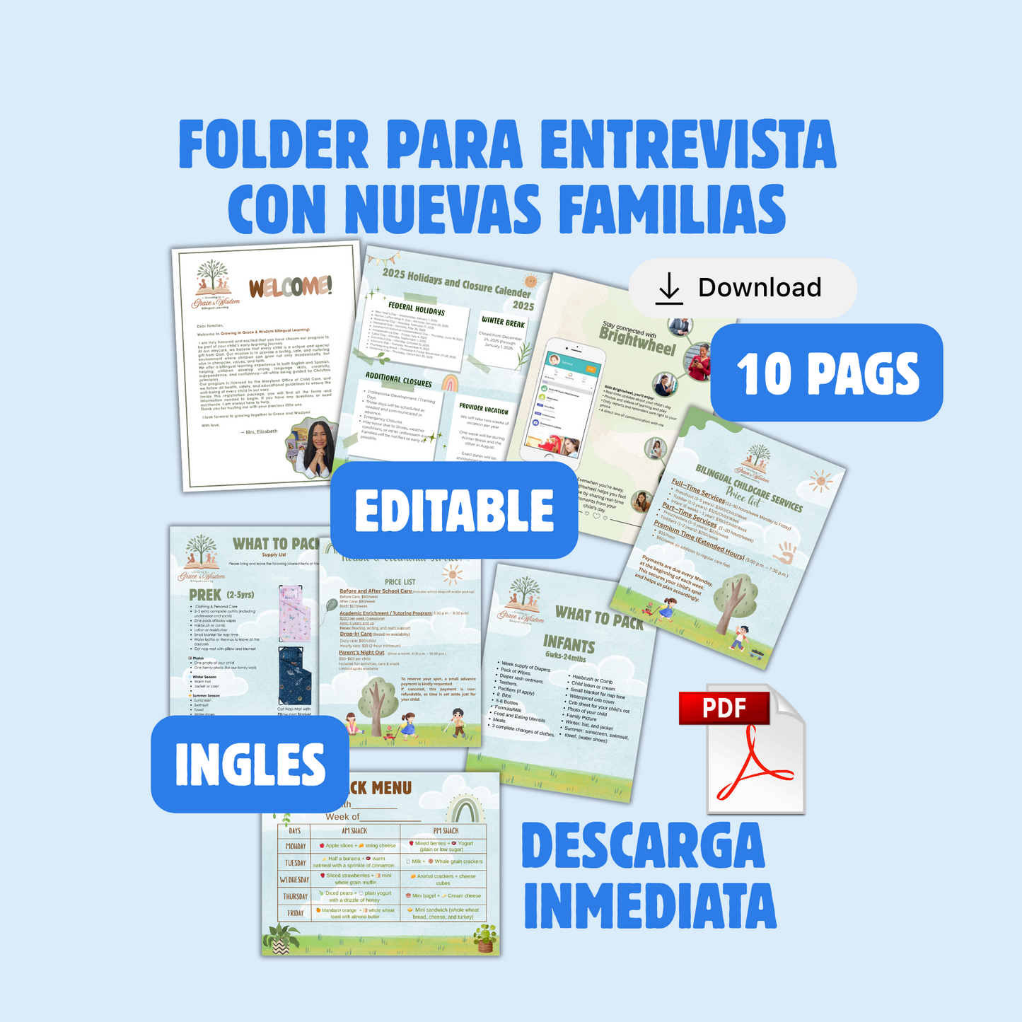 Folder para Entrevista con Nuevas Familias (Guardería/Daycare) Inglés. Editable