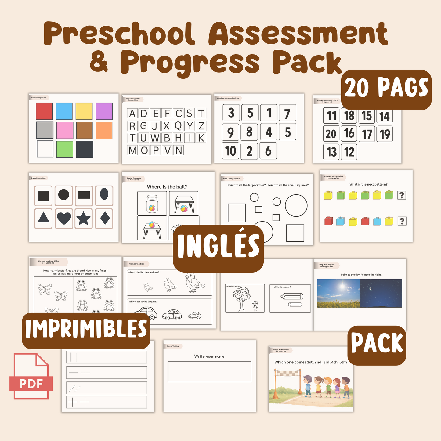 Preschool assessments pack/ Evaluación del progreso del niño. Pdf imprimible. En inglés. 20 pags.