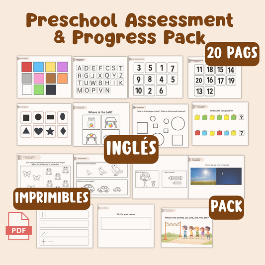Preschool assessments pack/ Evaluación del progreso del niño. Pdf imprimible. En inglés. 20 pags.