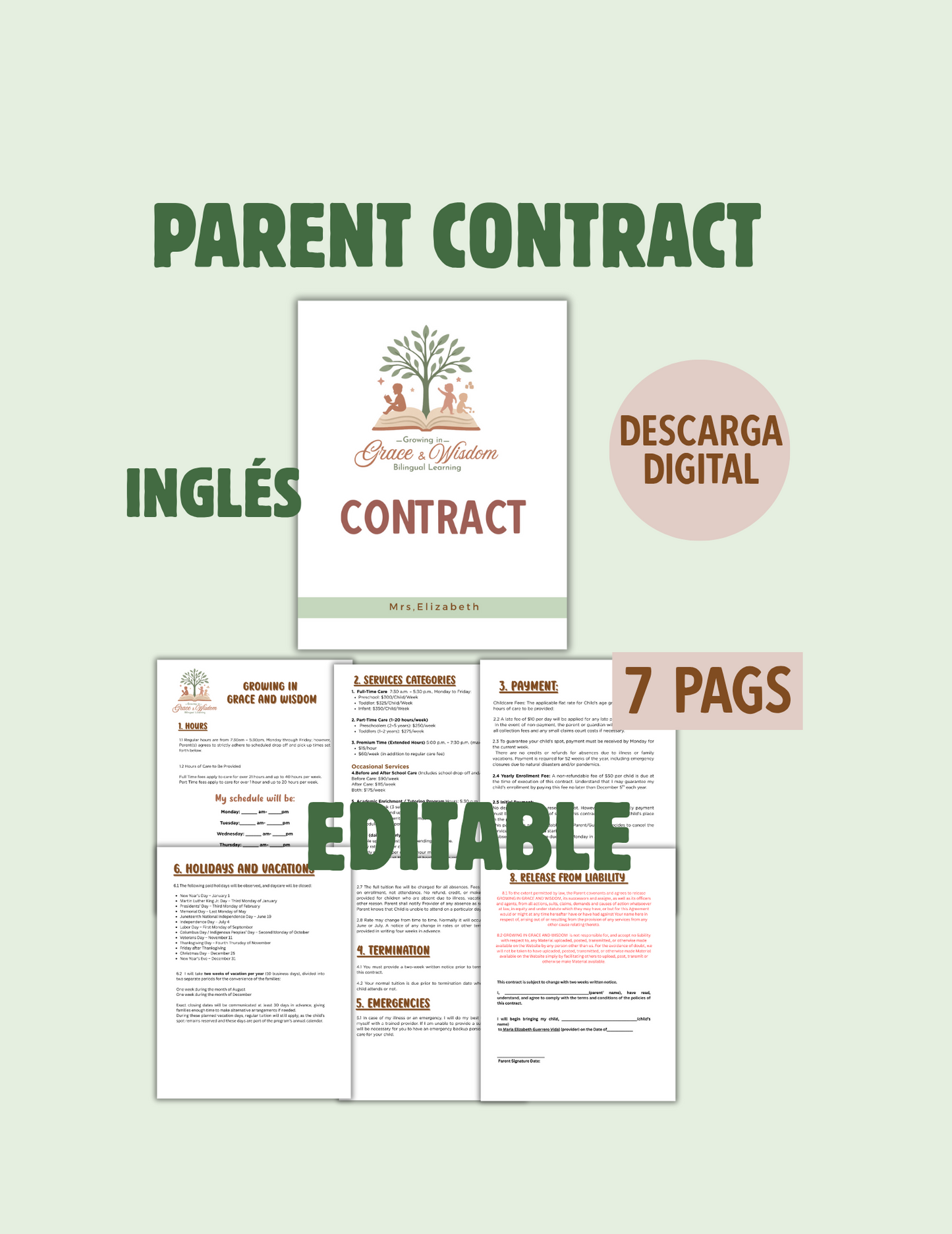 Parent Contract (Inglés) Homedaycare-Childcare. Editable