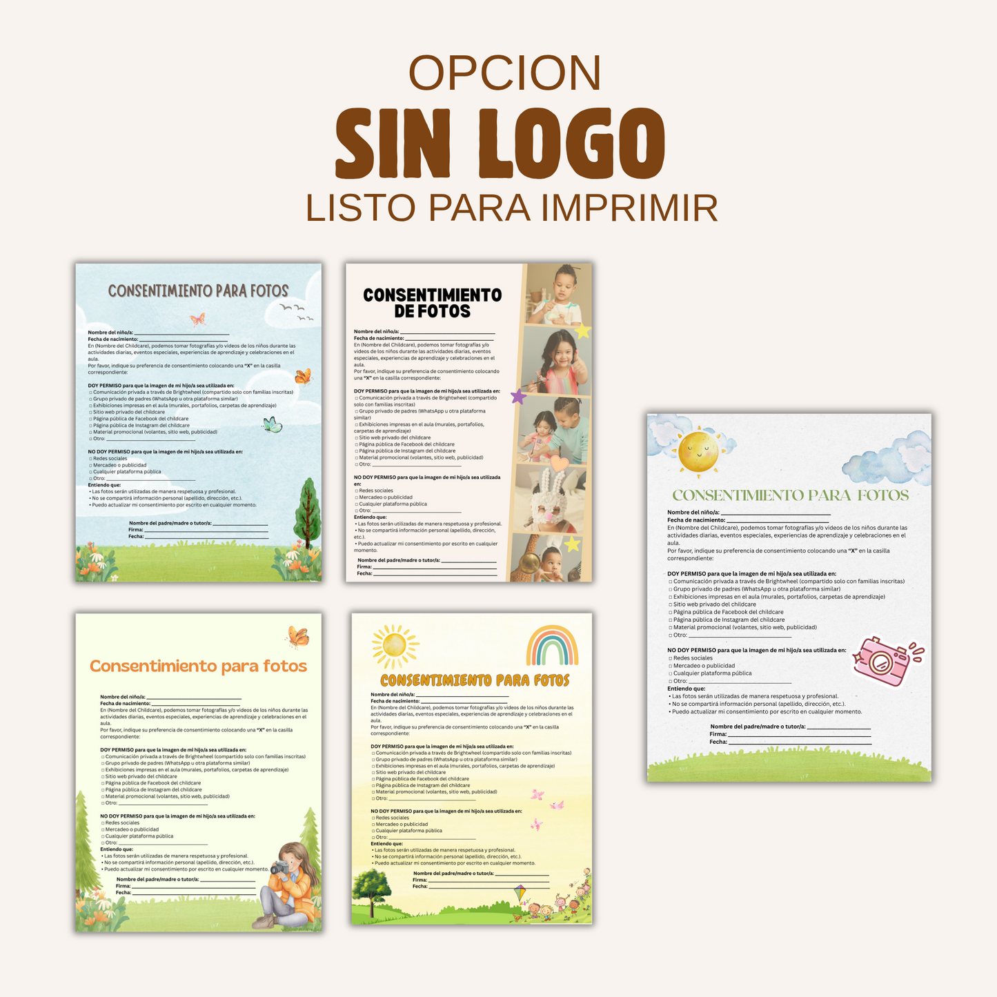 Consentimiento para fotos/14 págs/ editable en canva/6 estilos diseños/inglés y español /con logo y sin logo.