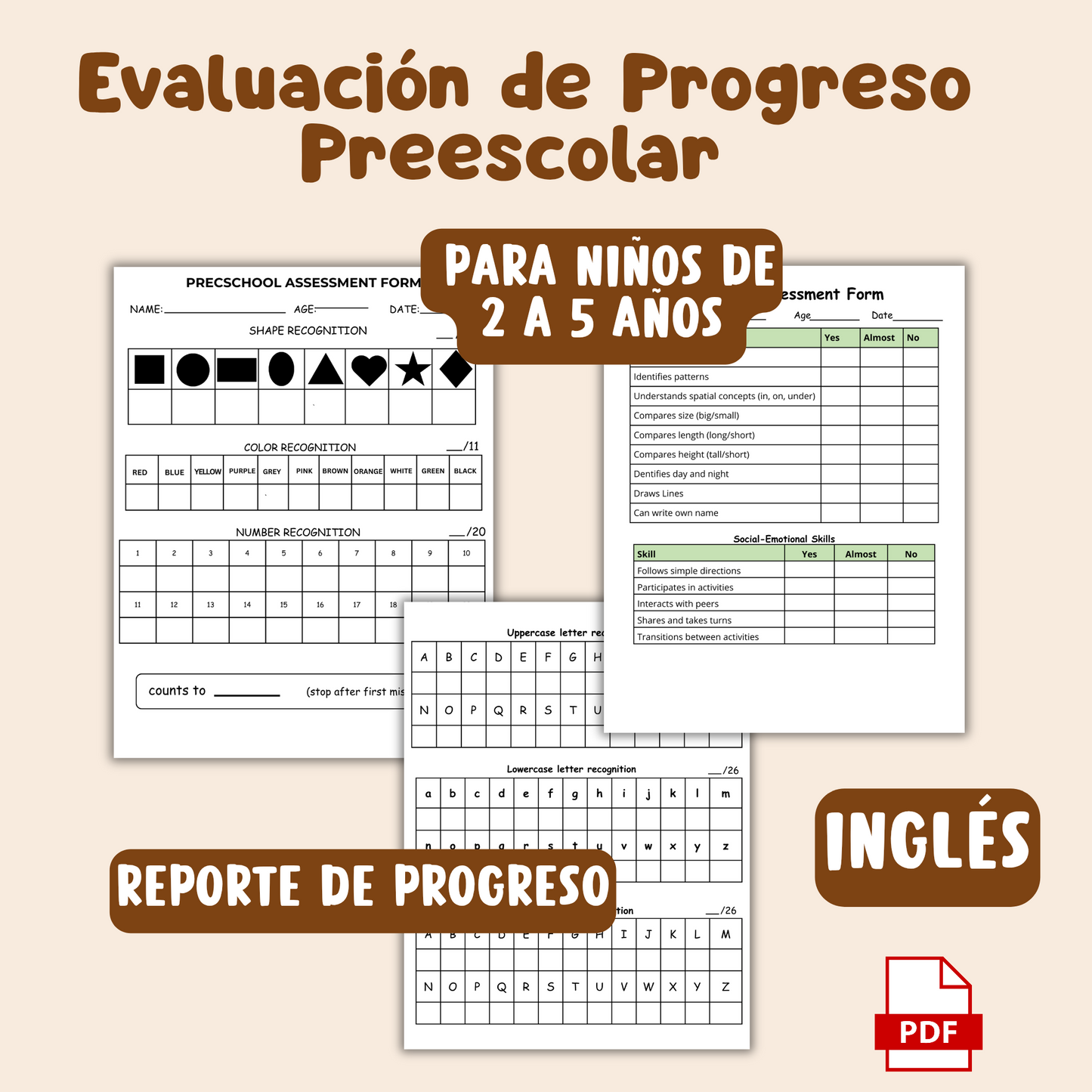 Preschool assessments pack/ Evaluación del progreso del niño. Pdf imprimible. En inglés. 20 pags.