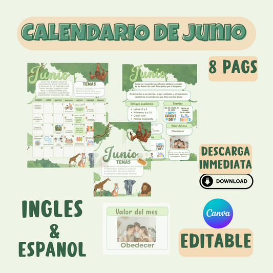 Calendario de Junio (editable) Inglés y Español