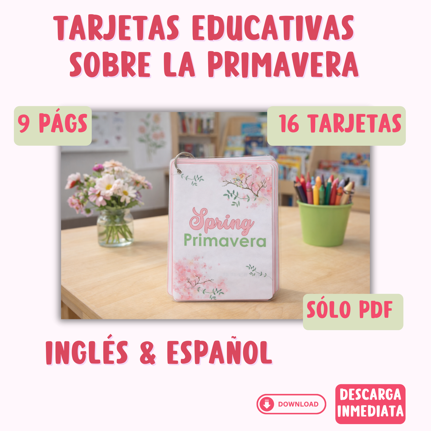 Tarjetas Educativas Bilingüe sobre la Primavera( formato PDF) 16 flashcards. Descarga inmediata. Imprimible en casa.