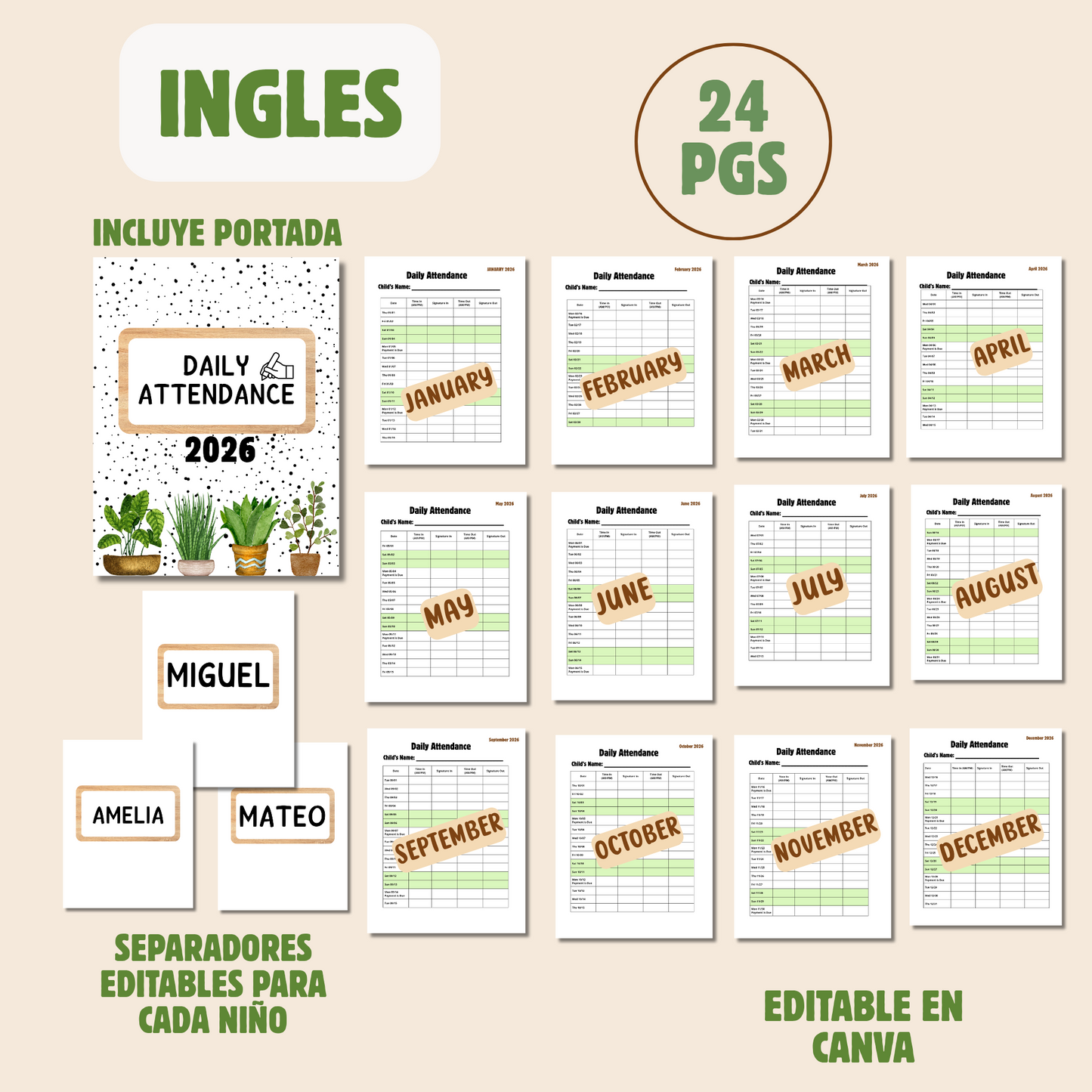Daily attendance 2026 (sign in & sign out) incluye portada para binder y para cada niño editable (descarga inmediata)