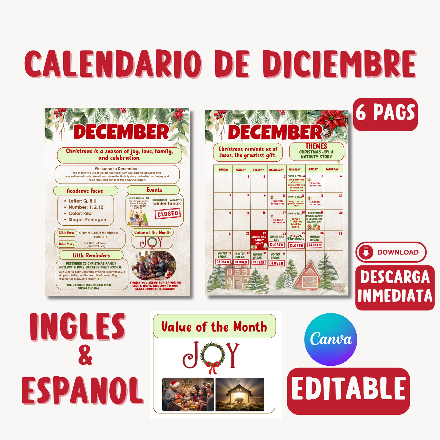 Calendario de Diciembre para mural de padres.(Inglés/ Español) Editable en canva