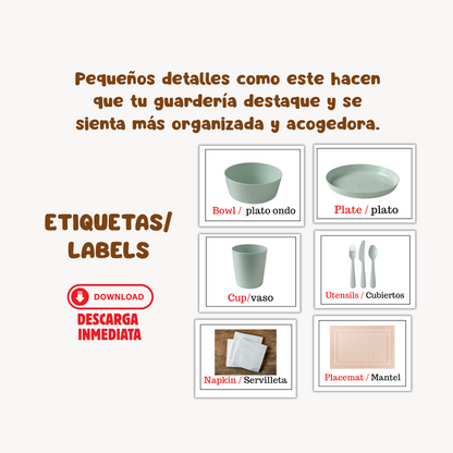 Etiquetas/Labels Bilingüe para el área de comer. Con imágenes reales.Descarga PDF. Listo para imprimir.