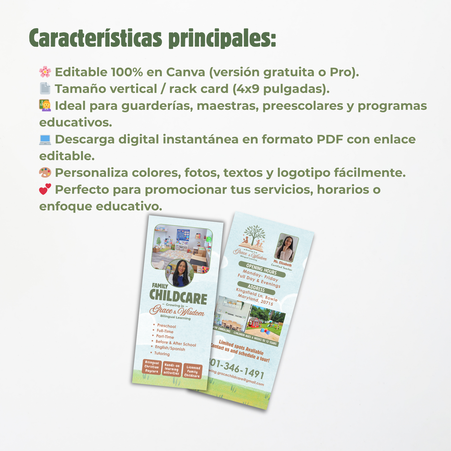 Flyer Vertical para promocionar Guarderías, Maestras, babysitter, emprendimiento, negocio| Plantilla Editable Canva (4x9 in)