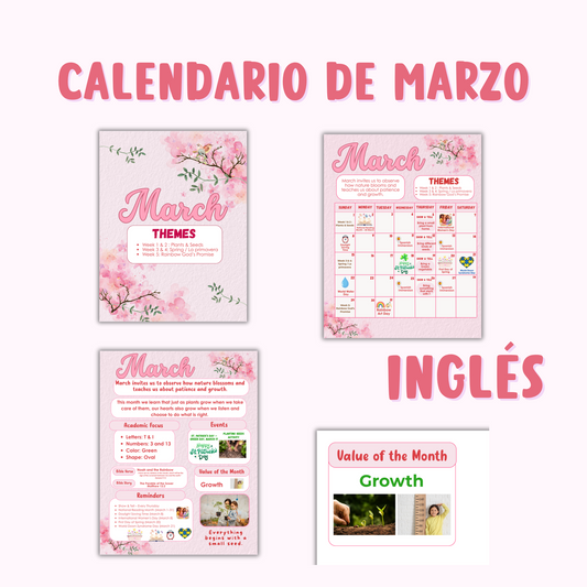 Calendario de Marzo para mural de padres (Inglés y Español) Editable en canva.  Descarga inmediata