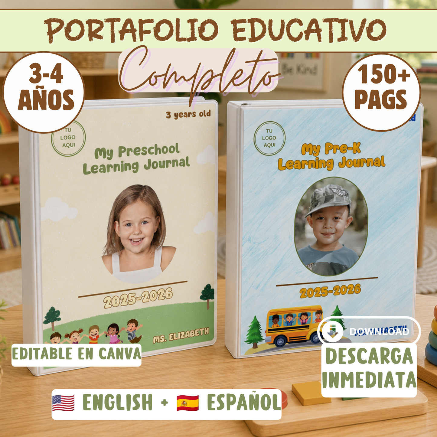 Portafolio Educativo Completo para niños de 3-4 años (Inglés y Español) Editable en canva