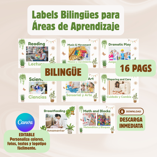 Labels Bilingües Para Áreas de Aprendizaje. Learning Center Sings. Editable en canva. Descarga inmediata.