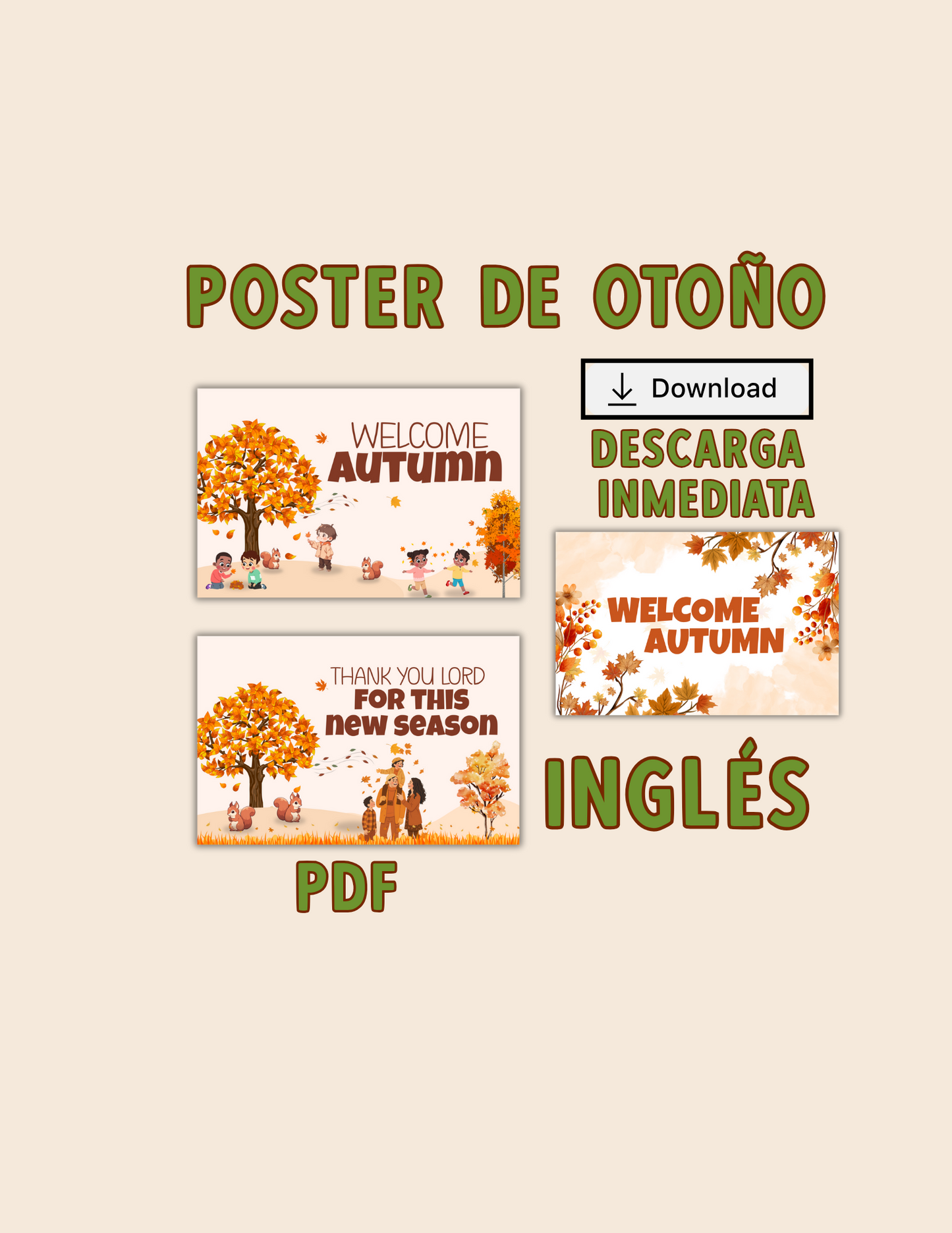 Poster de otoño/Tamaño 17x11" Bilingüe Inglés- Español. Para decoración-Puerta.