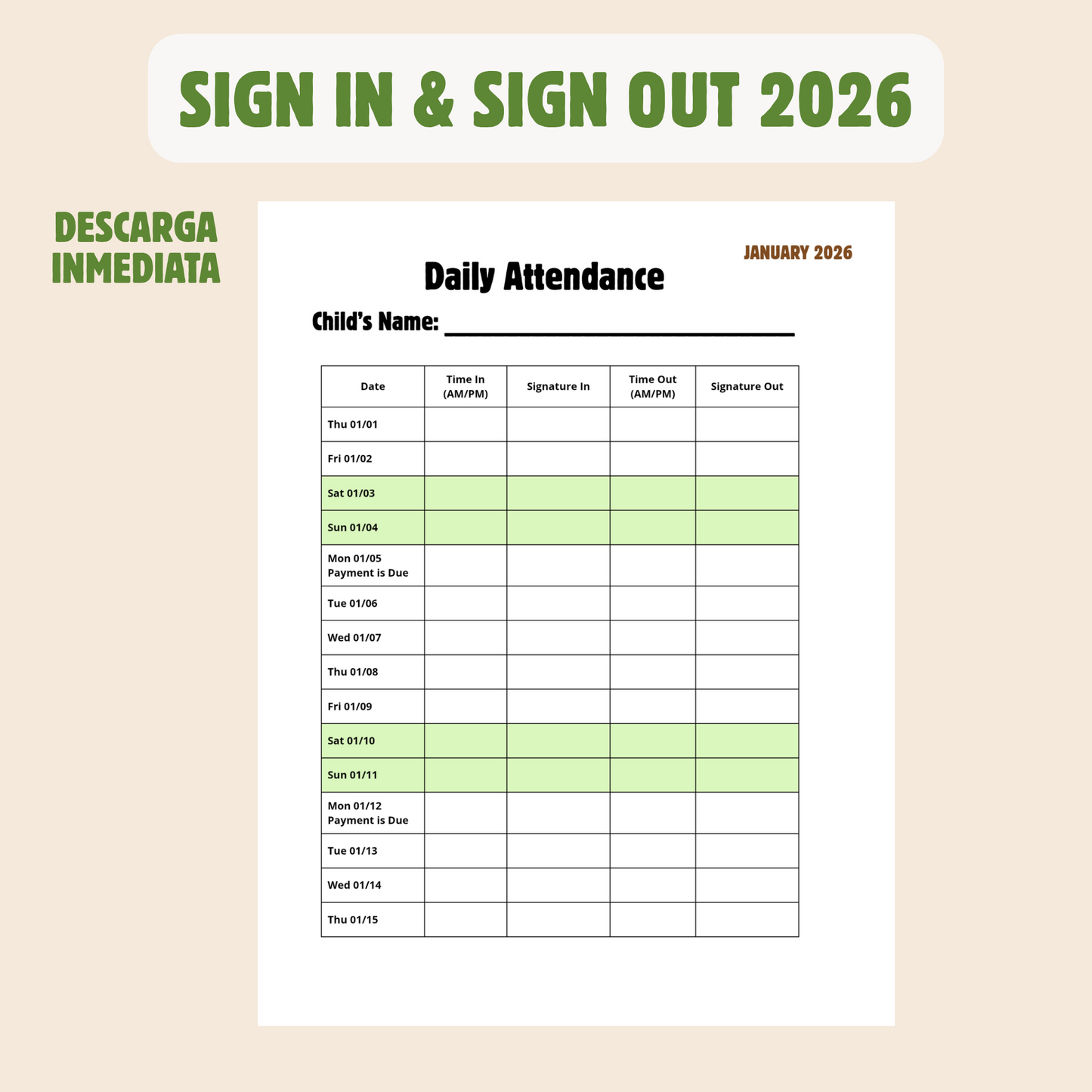 Daily attendance 2026 (sign in & sign out) incluye portada para binder y para cada niño editable (descarga inmediata)