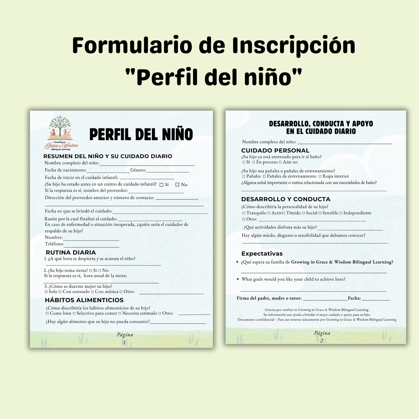 "Perfil del Niño" formulario de inscripción. Childcare Conociendo al niño/ inglés y español. Descarga pdf. Guardería