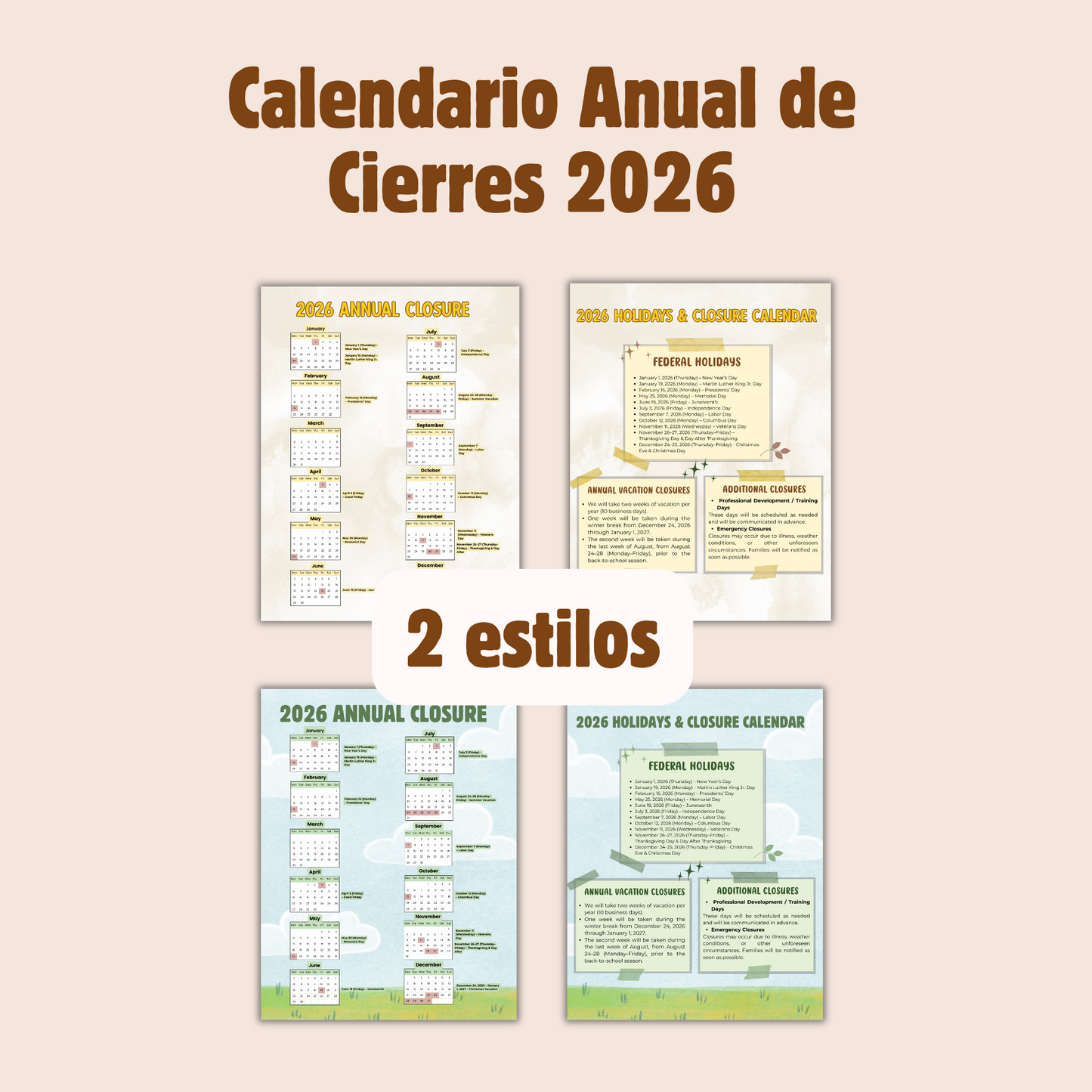 Calendario Anual de Cierres 2026 editable/ Inglés-2 estilos- 4 páginas