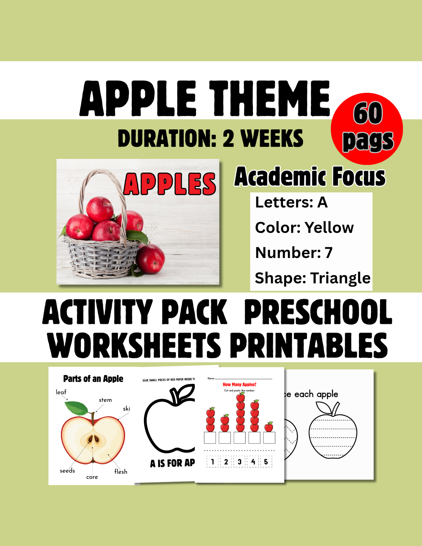 Apple Theme🍎| Hojas de actividades, Versículo Bíblico y Vocabulario Inglés/ Español. (Cristiano/ bilingüe) Imprimibles- Descarga automática