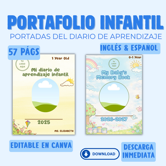 Portadas de Portafolio preescolar infantil, Diario de Aprendizaje, Inglés y Español.  Editable