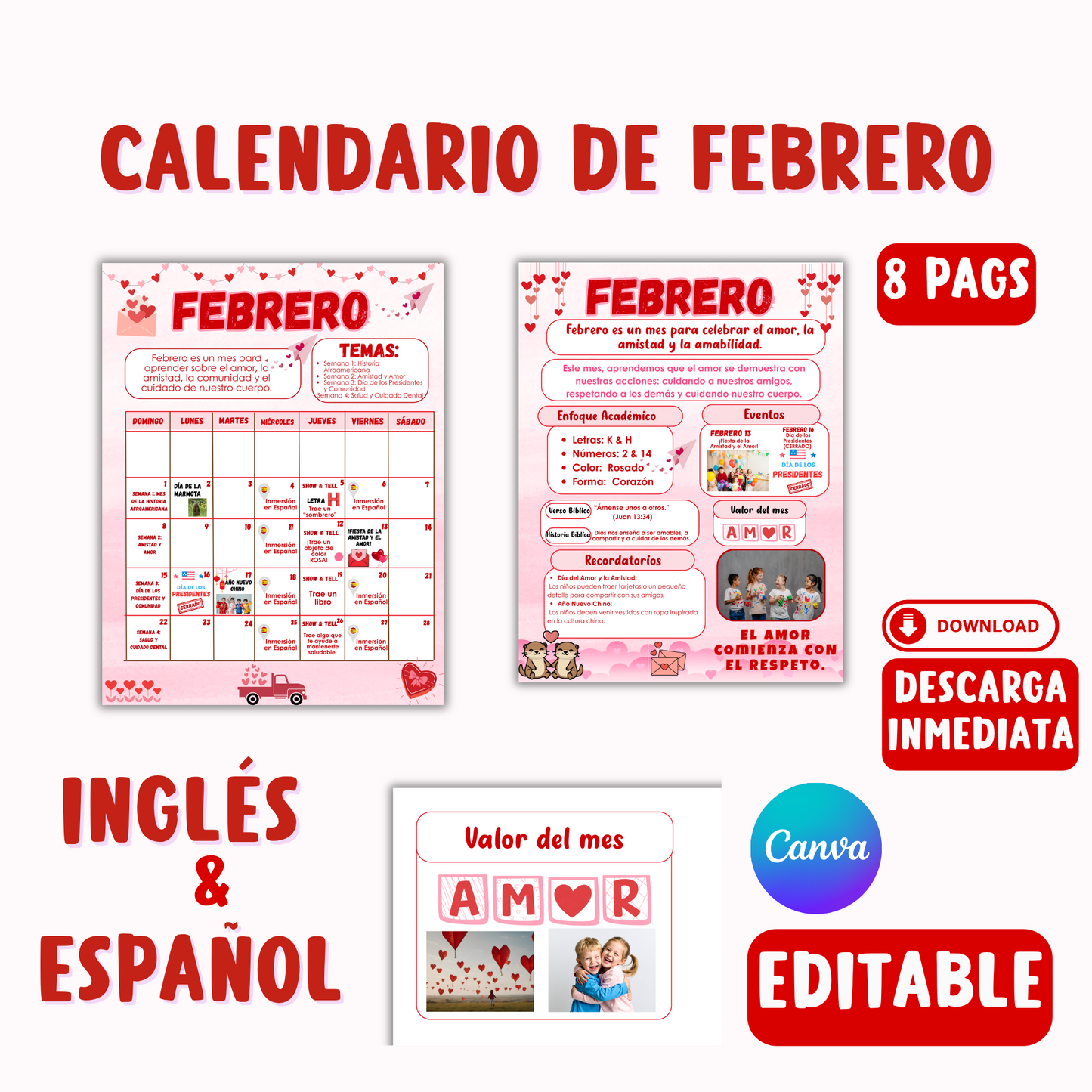 Calendario de Febrero(Inglés y Español) Editable en Canva.  Descarga inmediata