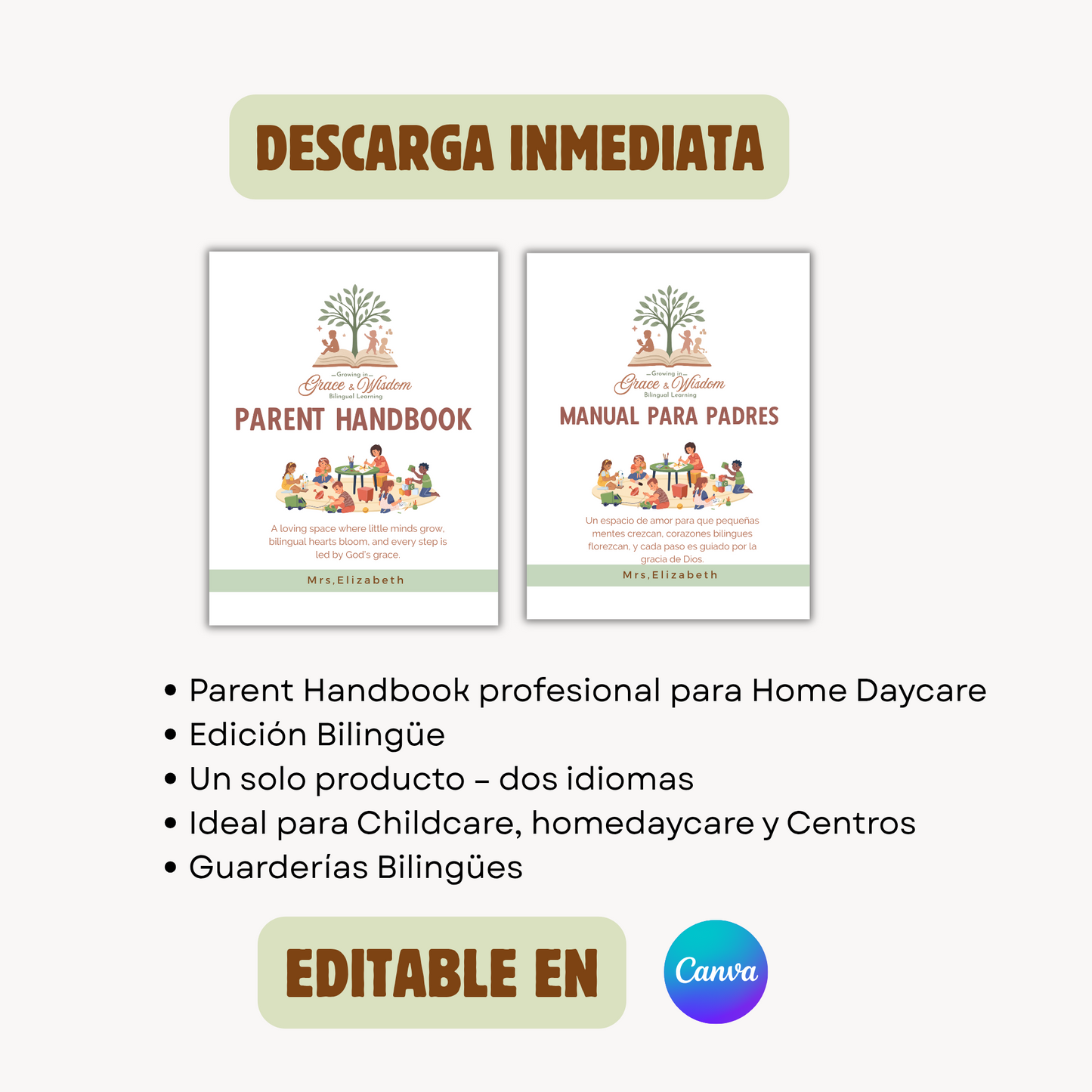 Parent Handbook (Inglés y Español) Editable en canva- 31 pags Descarga inmediata.