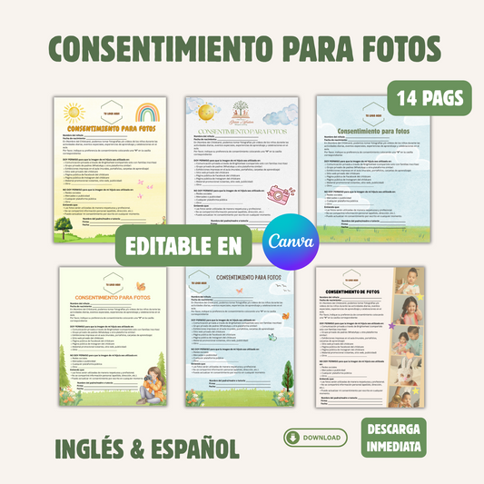 Consentimiento para fotos/14 págs/ editable en canva/6 estilos diseños/inglés y español /con logo y sin logo.