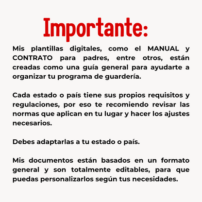 Parent Contract (Inglés) Homedaycare-Childcare. Editable