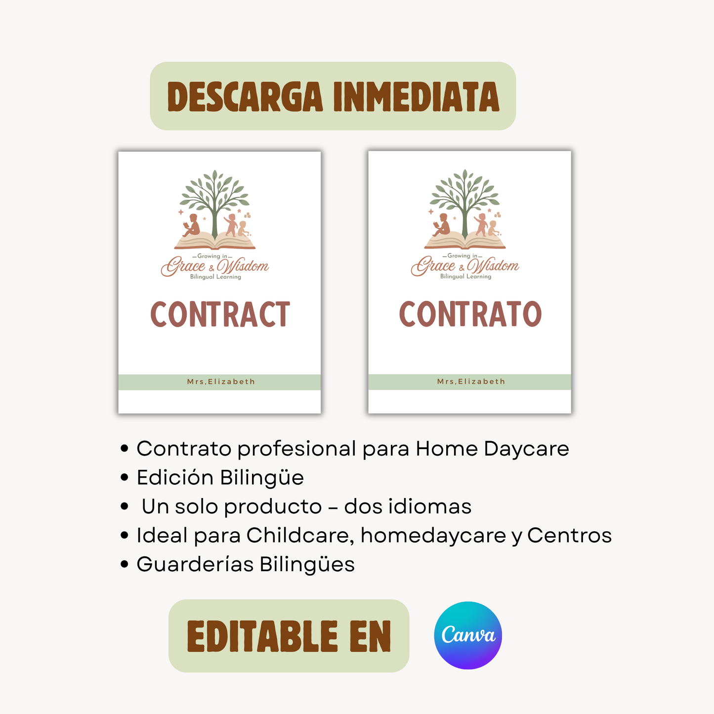 Contracto para Padres en Inglés y Español (16 págs)Editable en canva, descarga inmediata