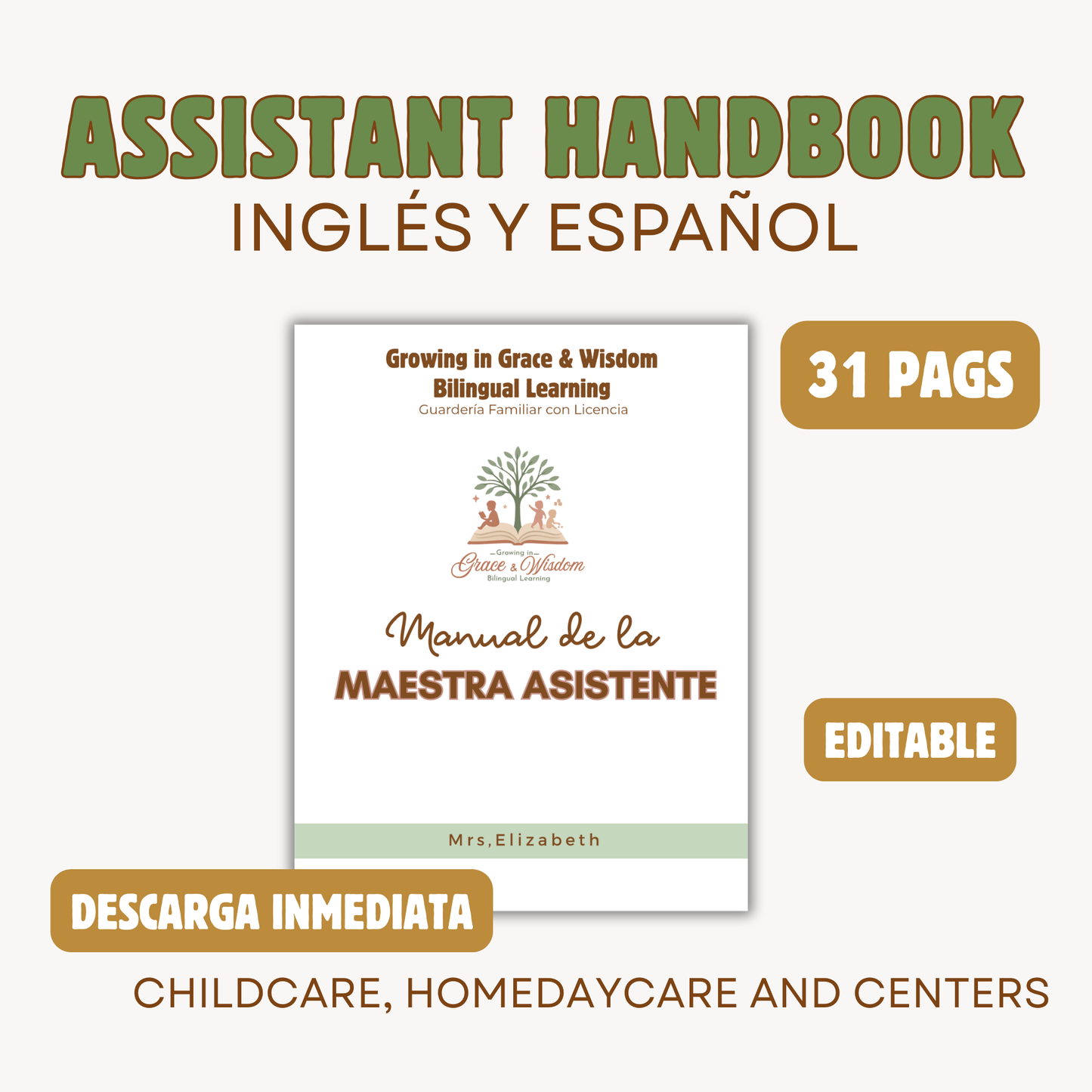 Manual para Asistente Maestra (Inglés&Español) (Pdf & Editable) Descarga inmediata. (30 págs)