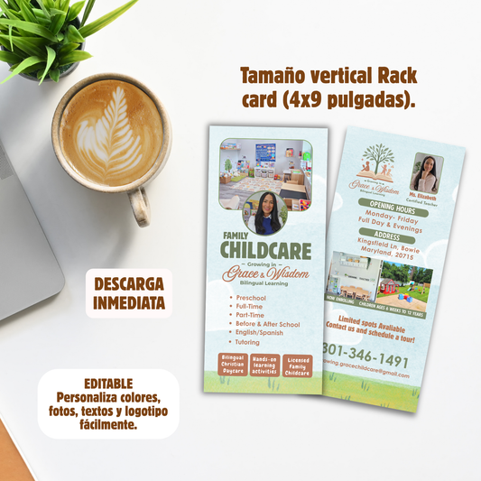 Flyer Vertical para promocionar Guarderías, Maestras, babysitter, emprendimiento, negocio| Plantilla Editable Canva (4x9 in)