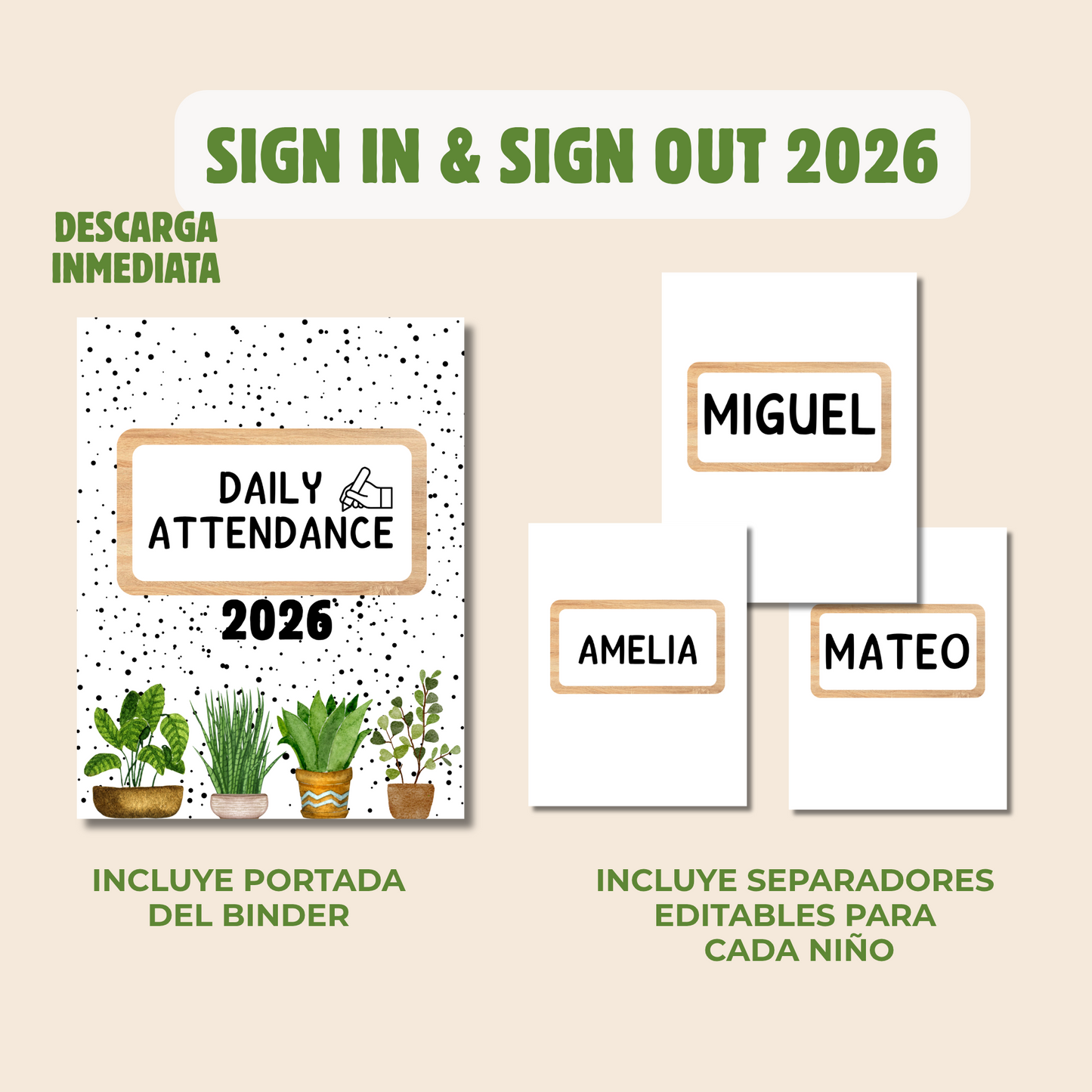 Daily attendance 2026 (sign in & sign out) incluye portada para binder y para cada niño editable (descarga inmediata)