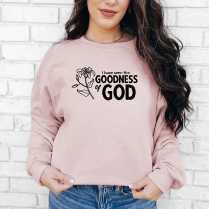 Sueter Rosa viejo " La Bondad de Dios" en inglés y español.