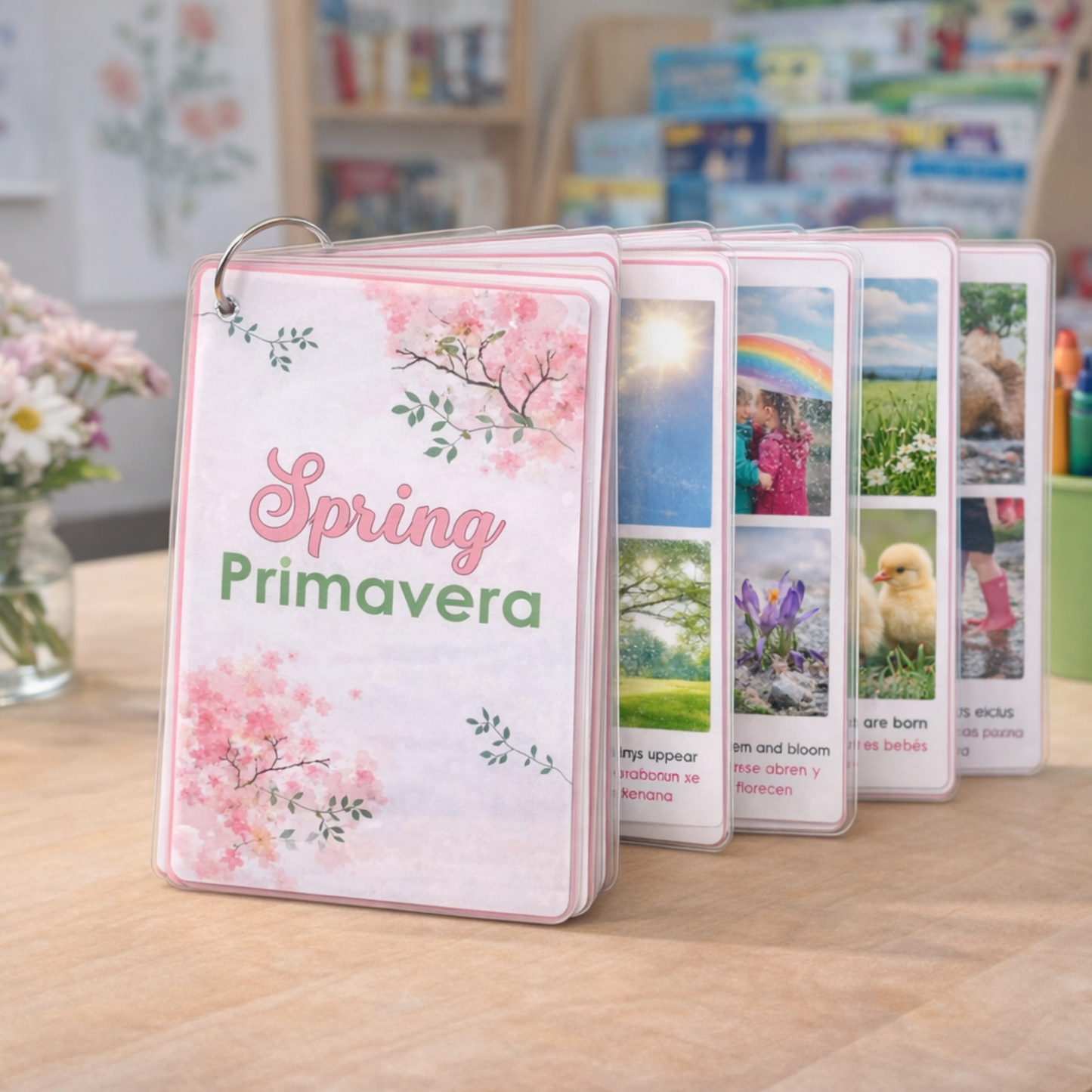 Tarjetas Educativas Bilingüe sobre la Primavera( formato PDF) 16 flashcards. Descarga inmediata. Imprimible en casa.