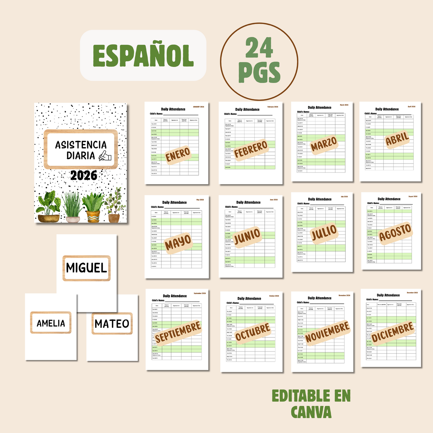 Daily attendance 2026 (sign in & sign out) incluye portada para binder y para cada niño editable (descarga inmediata)