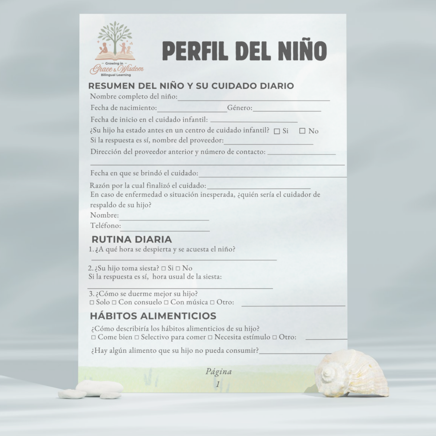 "Perfil del Niño" formulario de inscripción. Childcare Conociendo al niño/ inglés y español. Descarga pdf. Guardería