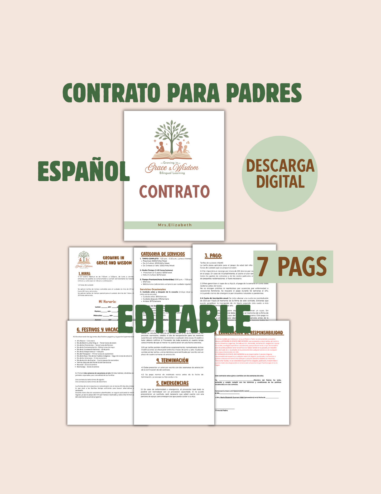 Contrato para padres (Español) para Guardería- Homedaycare- Childcare.