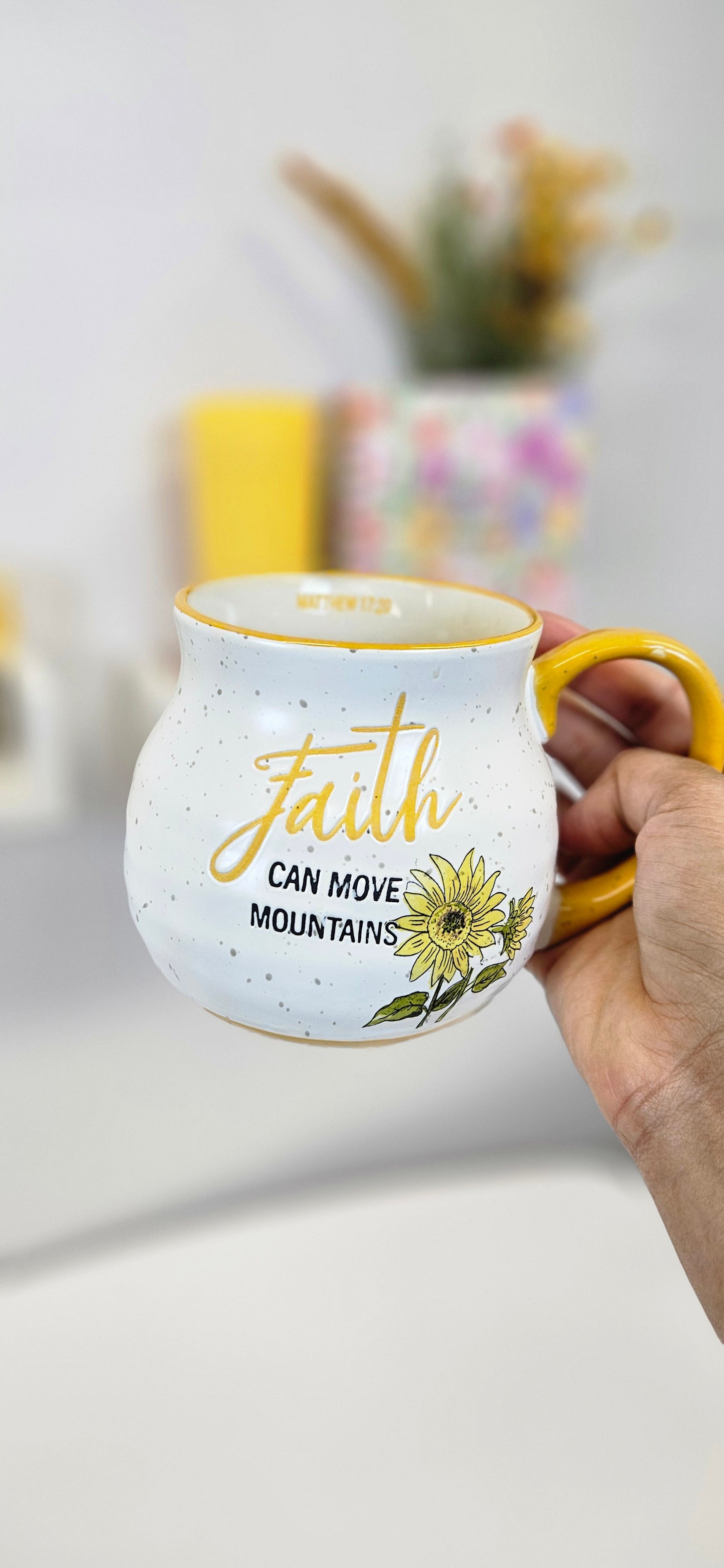 Taza "Faith can move mountains" mug girasoles amarillo