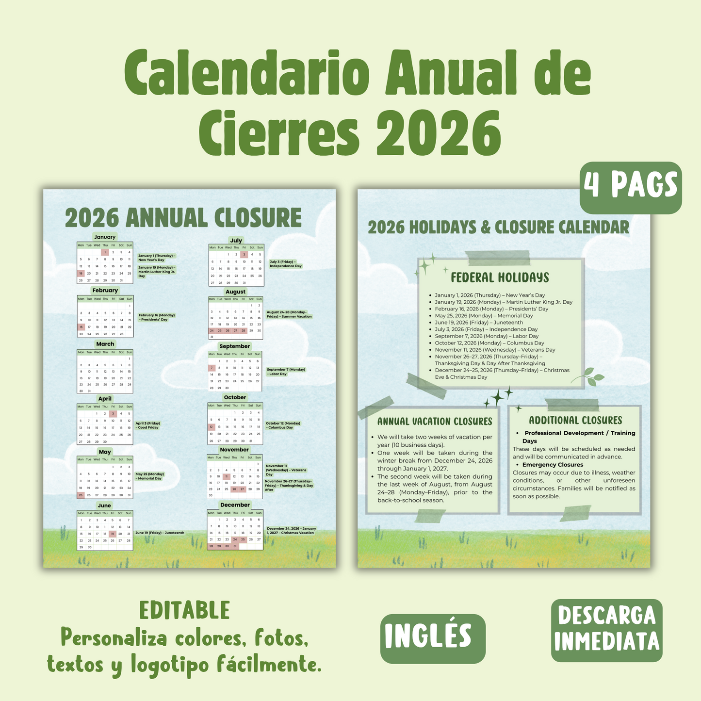 Calendario Anual de Cierres 2026 editable/ Inglés-2 estilos- 4 páginas