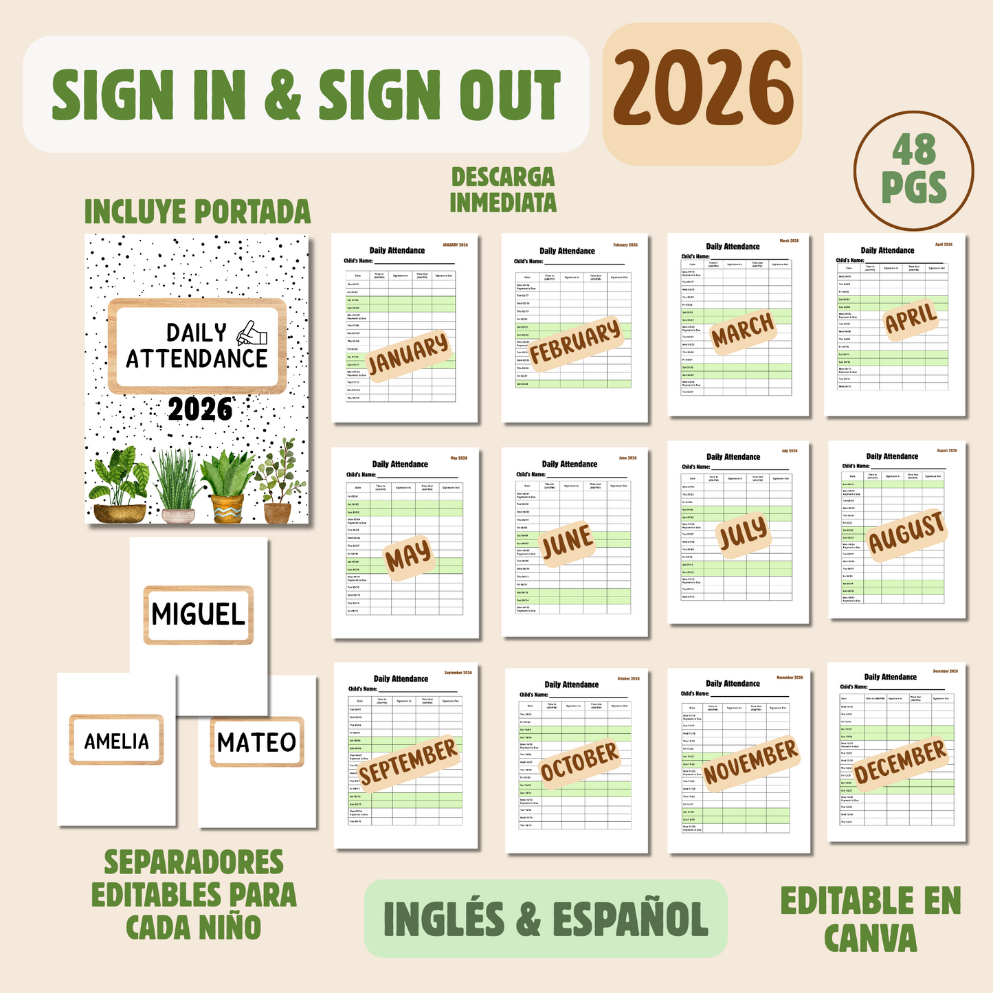 Daily attendance 2026 (sign in & sign out) incluye portada para binder y para cada niño editable (descarga inmediata)