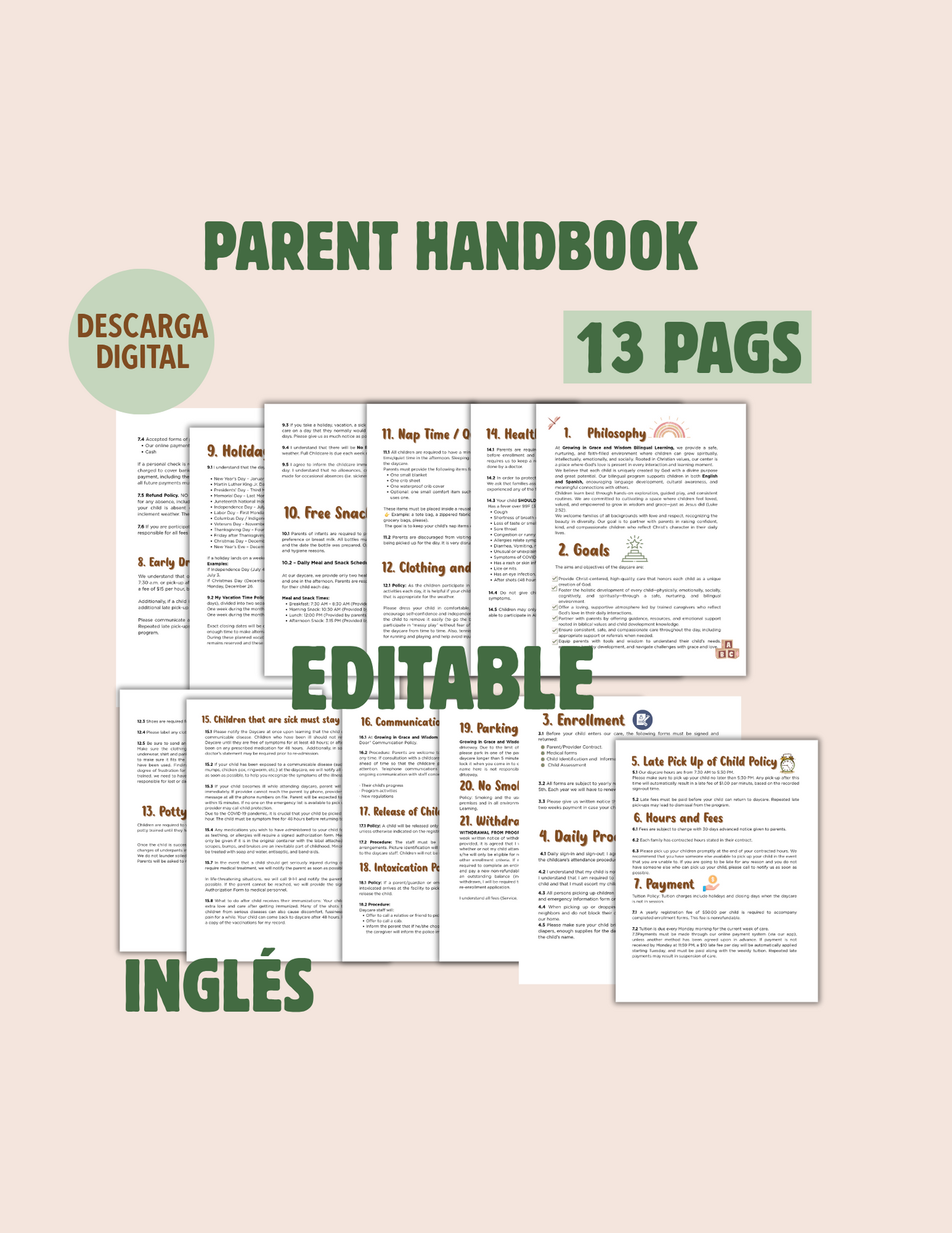 Parent Handbook(Inglés) para guardería-Childcare-Homedaycare. Descarga Editable