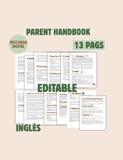 Parent Handbook(Inglés) para guardería-Childcare-Homedaycare. Descarga Editable